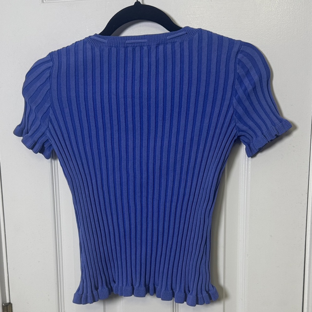 Intimately Free People Blue Ribbed Knit Ruffle Tie Front Short Sleeve Top XS - Picture 8 of 8